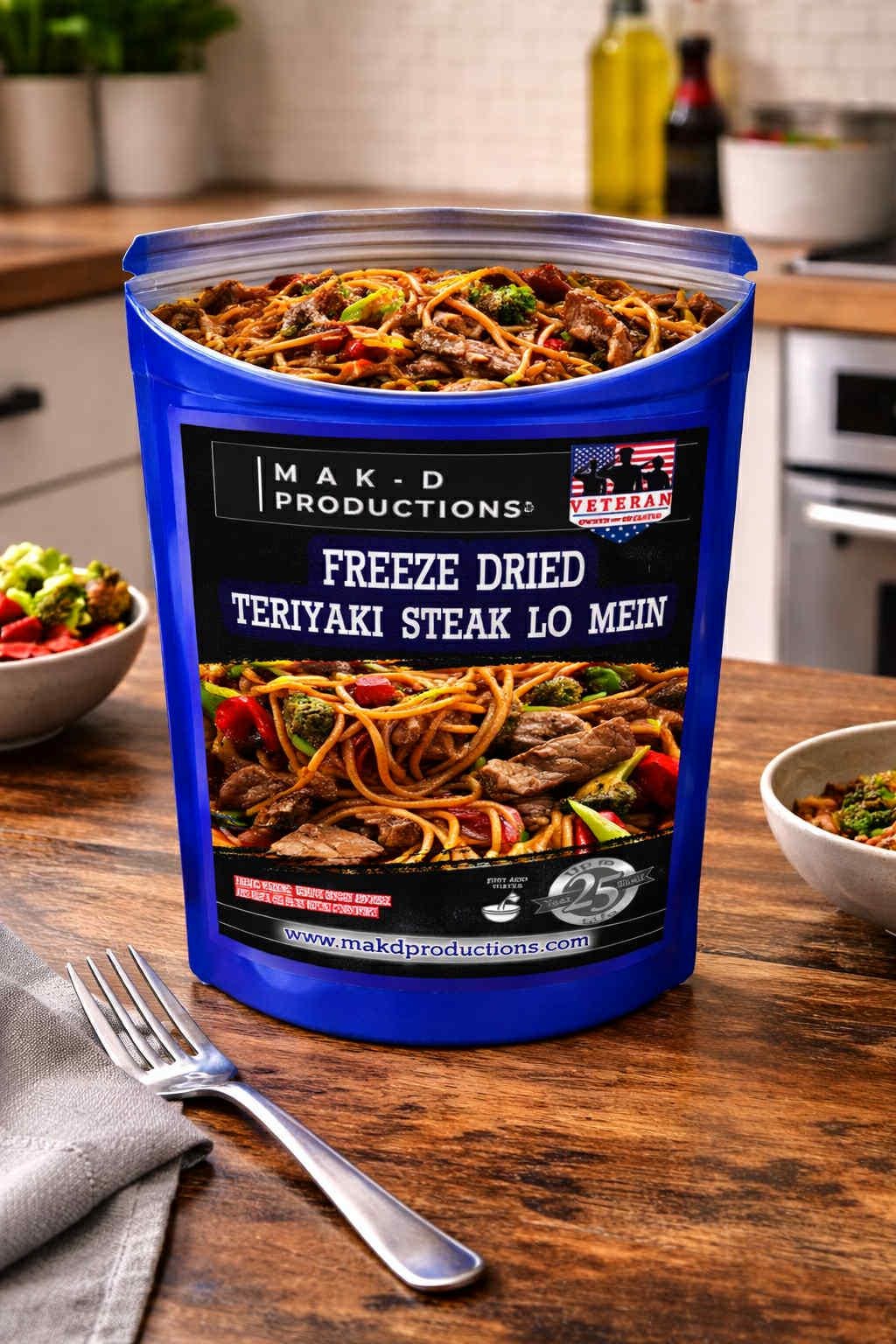 MAK D Productions Beef STEAK Pasta Teriyaki Steak Lo Mein Freeze Dried Meal Camping Hunting Prep Backpacking Hiking Kayaking Easy Bag Food