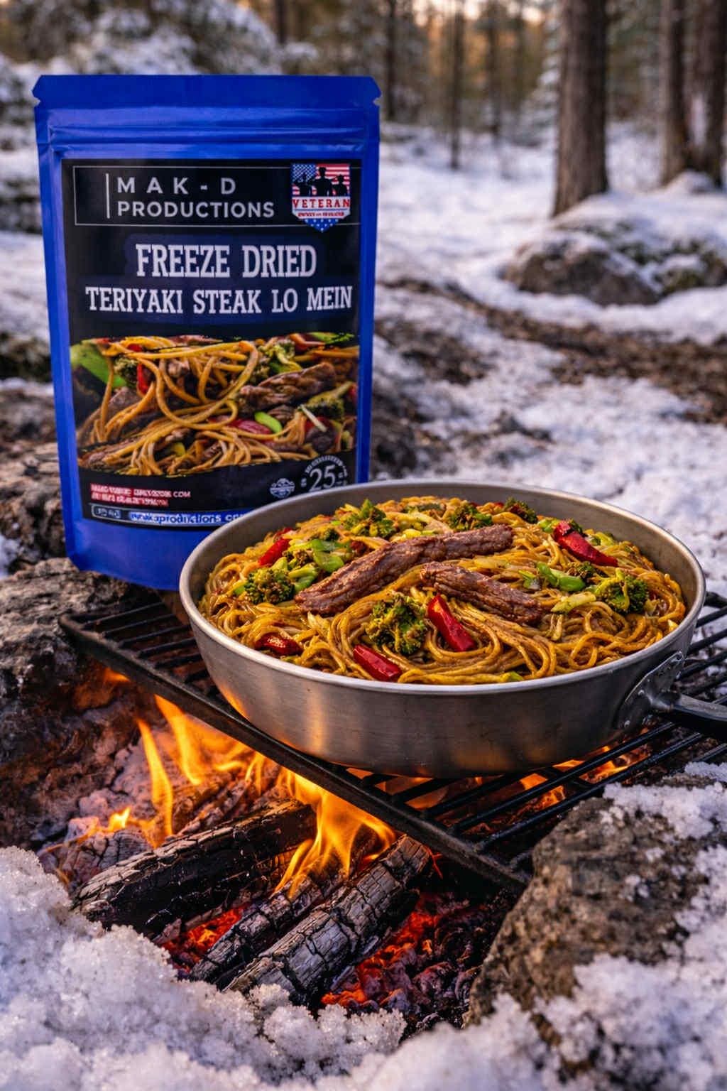 MAK D Productions Beef STEAK Pasta Teriyaki Steak Lo Mein Freeze Dried Meal Camping Hunting Prep Backpacking Hiking Kayaking Easy Bag Food