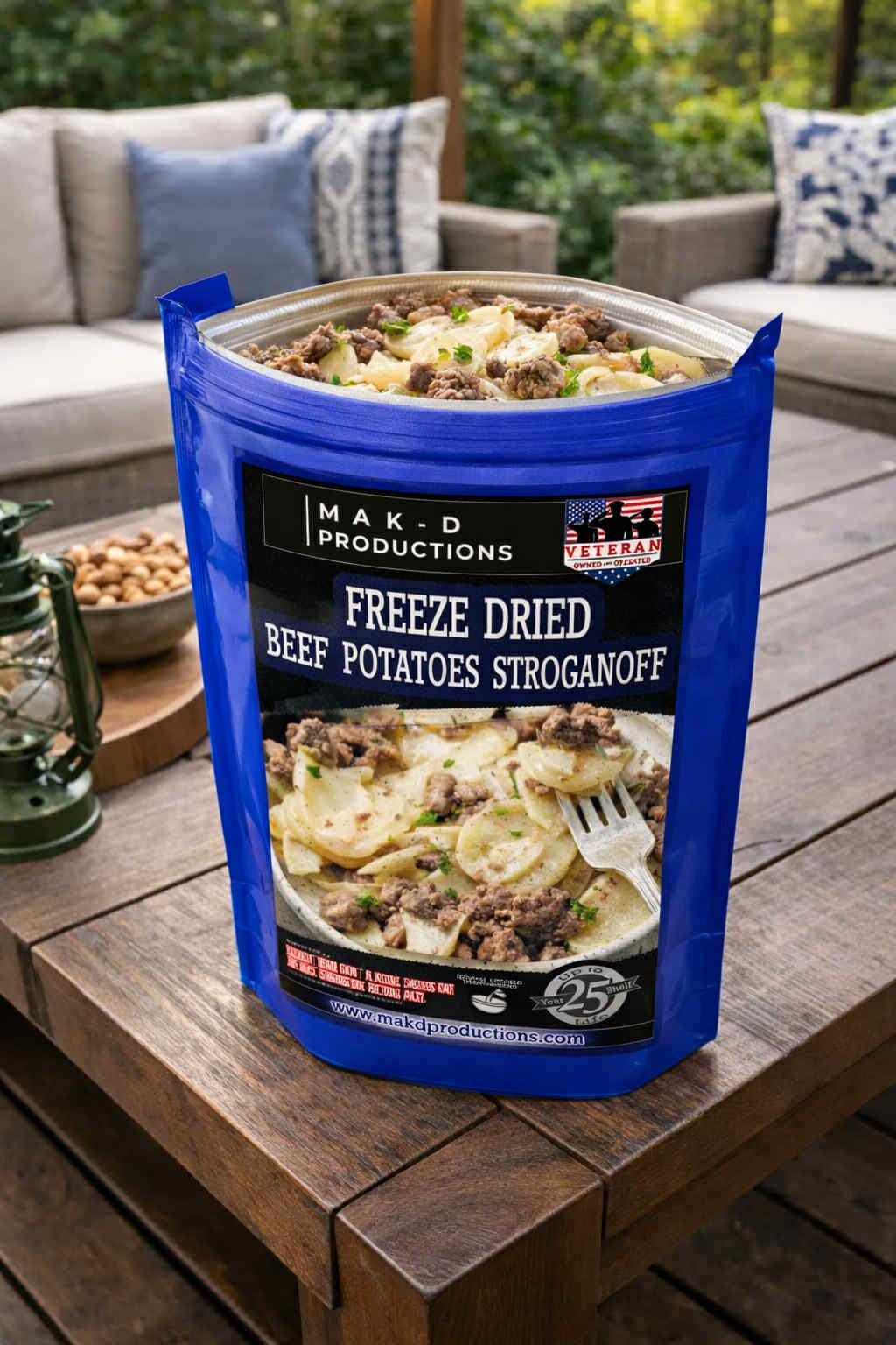 MAK D Productions Beef Pasta Potatoes Stroganoff Freeze Dried Meal Camping Hunting Prepper Backpacking Hiking Kayaking Fishing Easy Bag Food