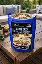 MAK D Productions Beef Pasta Potatoes Stroganoff Freeze Dried Meal Camping Hunting Prepper Backpacking Hiking Kayaking Fishing Easy Bag Food