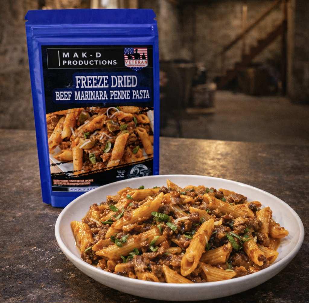 MAK D Productions Beef Marinara Penne Pasta Freeze Dried Meal Camping Hunting Preppers Backpacking Hiking Kayaking Fishing Easy Bag Meal