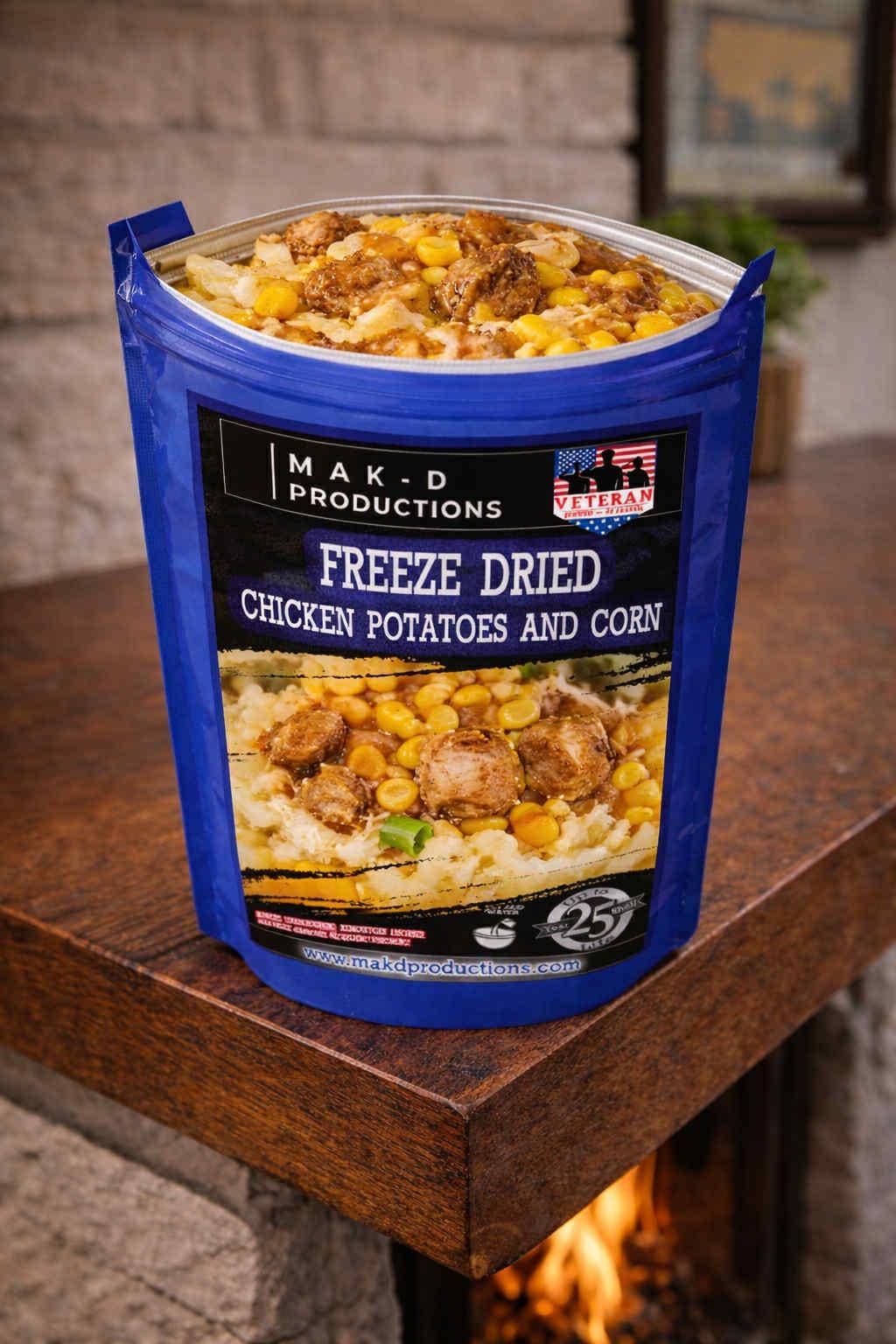 MAK D Productions Chicken and Corn In Mashed Potatoes Freeze Dried Meal Camping Hunting Preppers Backpacking Hiking Kayaking Easy Bag Meal