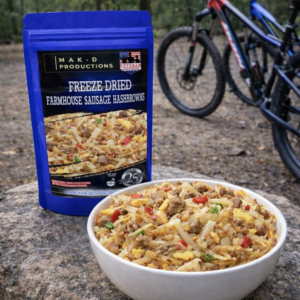 MAK D Productions Sausage Farmhouse Hashbrowns w/ Peppers & Onions Freeze Dried Meal Camping Hunting Preppers Backpacking Hiking Breakfast