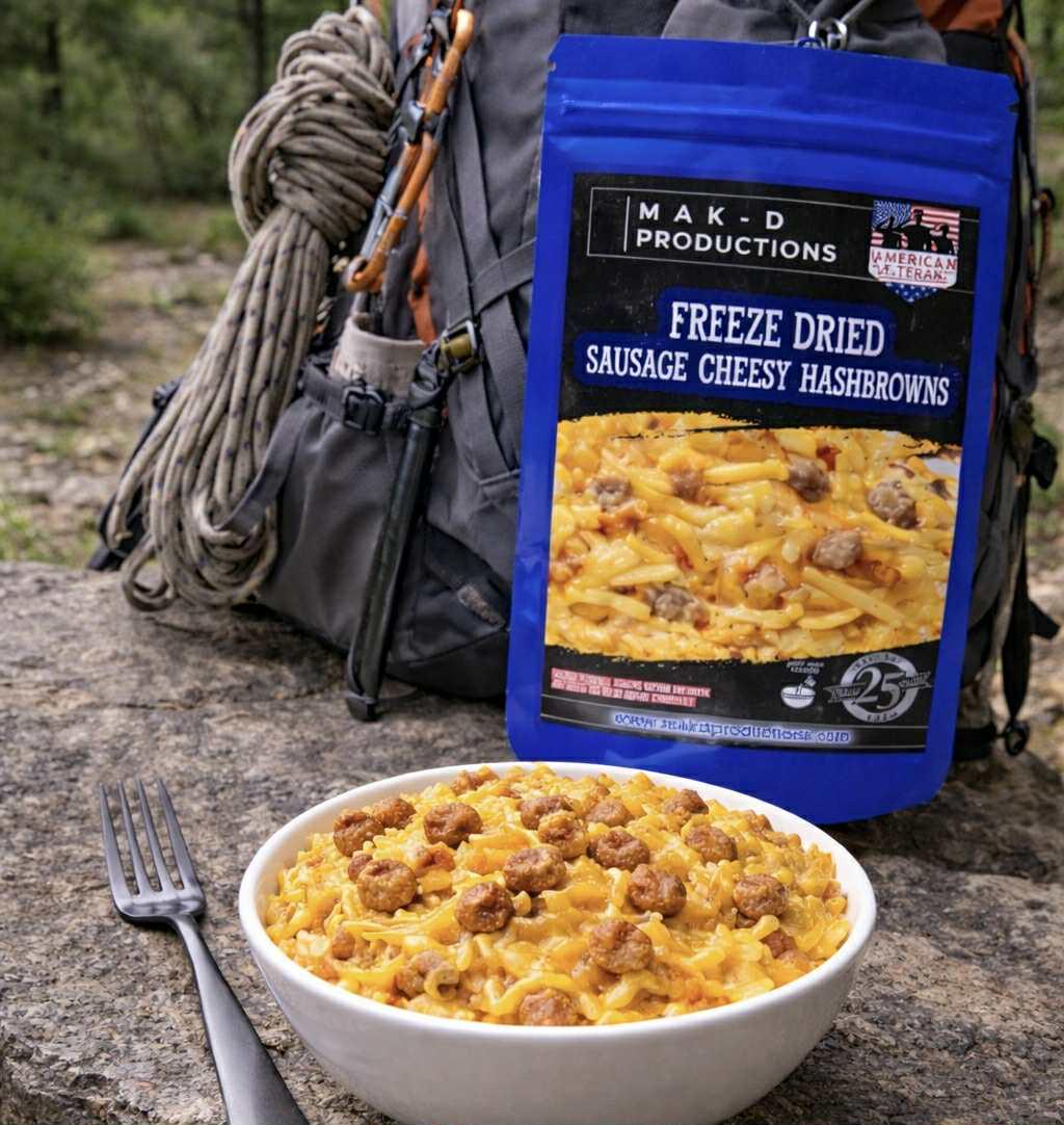 MAK D Productions Pork  Sausage Cheesy Hashbrowns Freeze Dried Meal Camping Hunting Preppers Kayaking Backpacking Hiking Breakfast Bag Food