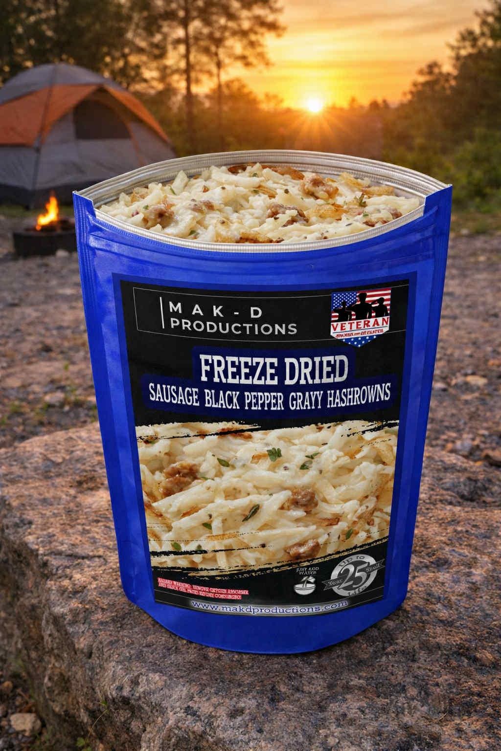 MAK D Productions Pork Sausage Gravy Hashbrowns Freeze Dried Meal Camping Hunting Preppers Kayaking Backpacking Hiking Breakfast Bag Food