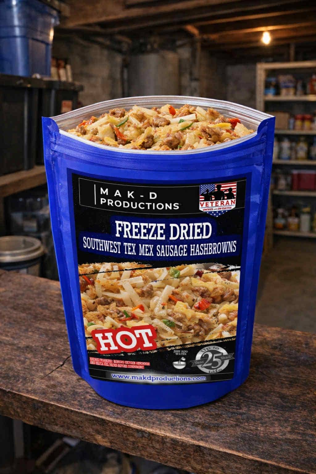 MAK D Productions Sausage Southwest Tex-Mex Hashbrowns HOT Freeze Dried Meal Camping Hunting Preppers Kayaking Backpacking Hiking Breakfast