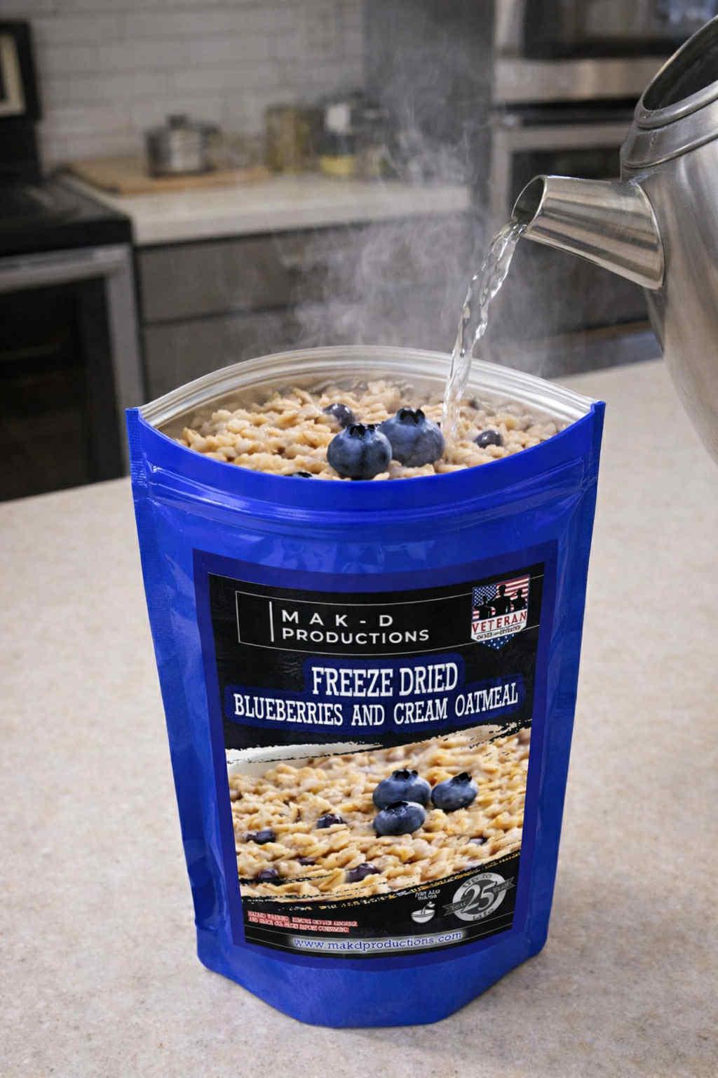 MAK D Productions Blueberries and Cream Oatmeal Freeze Dried Meal Camping Hunting Preppers Kayaking Backpacking Hiking Breakfast Bag Food