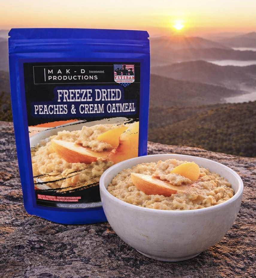 MAK D Productions Peaches and Cream Oatmeal Freeze Dried Meal Camping Hunting Preppers Kayaking Backpacking Hiking Breakfast Easy Bag Food