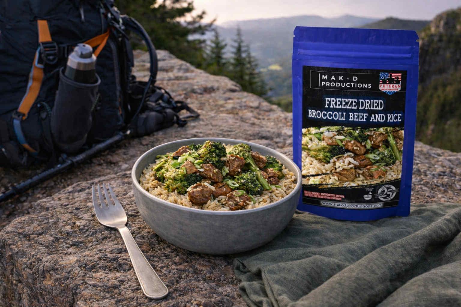 MAK D Productions Beef Steak Broccoli and Rice Freeze Dried Meal Camping Hunting Preppers Backpacking Hiking Kayaking Fishing Easy Bag Food