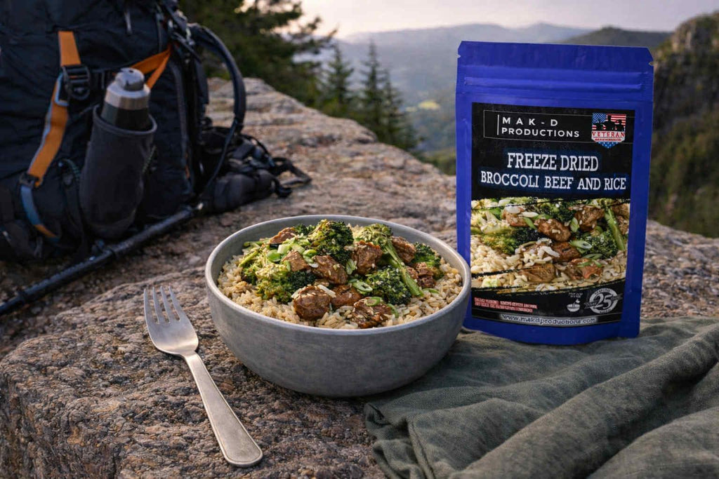MAK D Productions Beef Steak Broccoli and Rice Freeze Dried Meal Camping Hunting Preppers Backpacking Hiking Kayaking Fishing Easy Bag Food