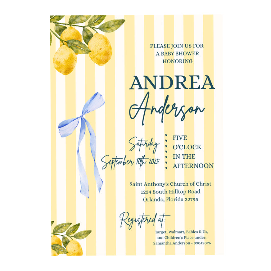 5x7 PRINTED Baby Shower Invitation - Baby Boy Striped Lemon Blue Ribbon