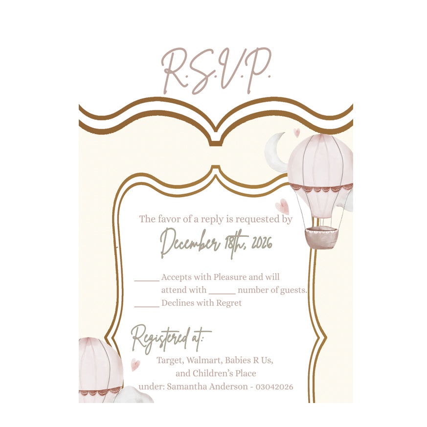 3.5x5 Vertical PRINTED Wedding R.S.V.P. Card - Baby Girl Hot Air Balloon